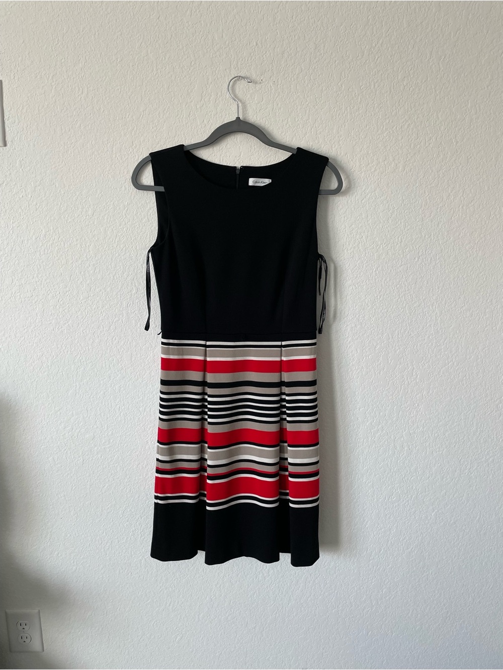 Calvin Klein Black Sleeveless Dress with Red, White and Gray Stripes